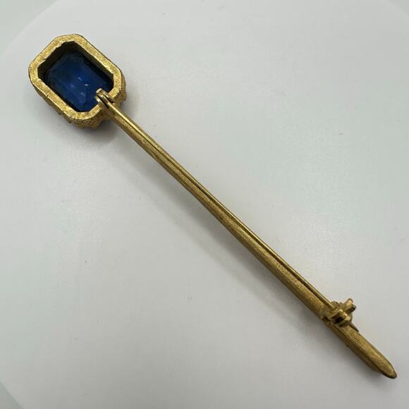 1950s vintage gold tone blue Uranium glass clear rhinestones scepter brooch pin - Picture 7 of 9